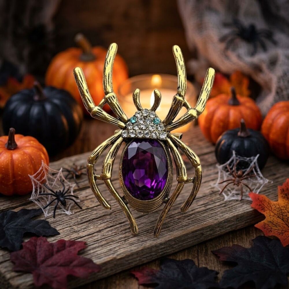 Rhinestone PURPLE Spider Brooch Halloween Pin